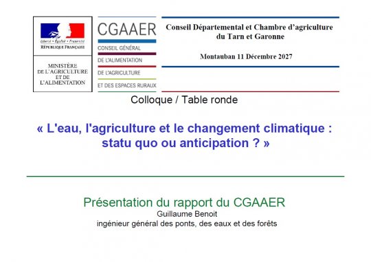 L'Eau, l'Agriculture et le Changement Climatique: Statu Quo ou Anticipation ?   Présentation du rapport CGAAER par Guillaume BENOIT #fdsea @tarnetgaronneCG
